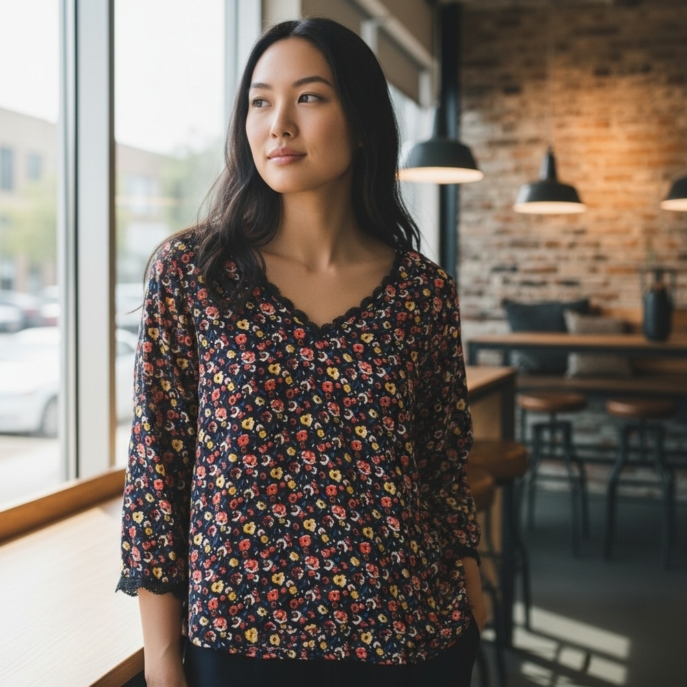 Sezane Marina Black Floral Top Size 36